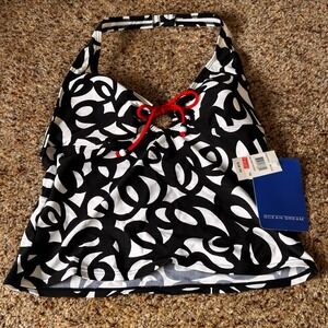 Ocean Dream Island Fever Tankini Top Black White Abstract Halter Red Tie 14 NEW